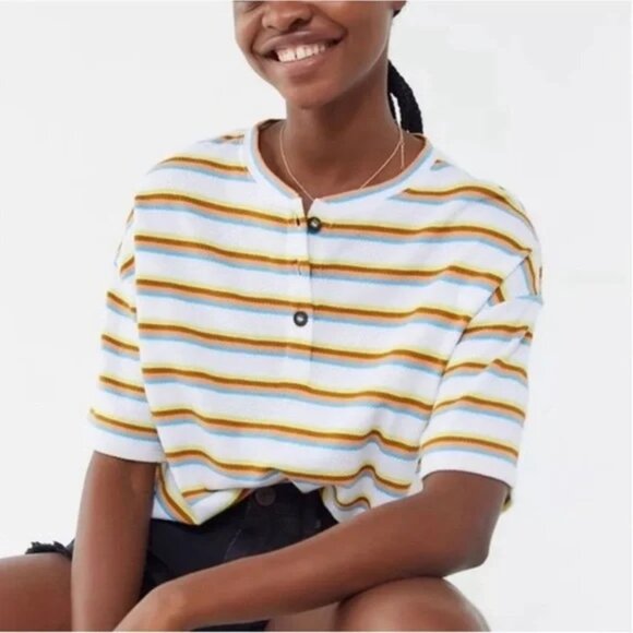 Urban Outfitters Relaxed Fit Multicolor Striped Textured Henley Shirt | XS - Picture 1 of 7